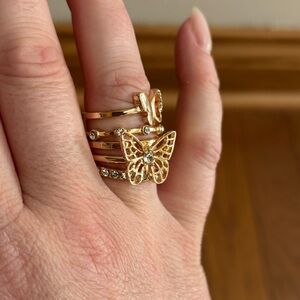 Gold Tone Butterfly and Gemstones Stacking Rings Set of 5